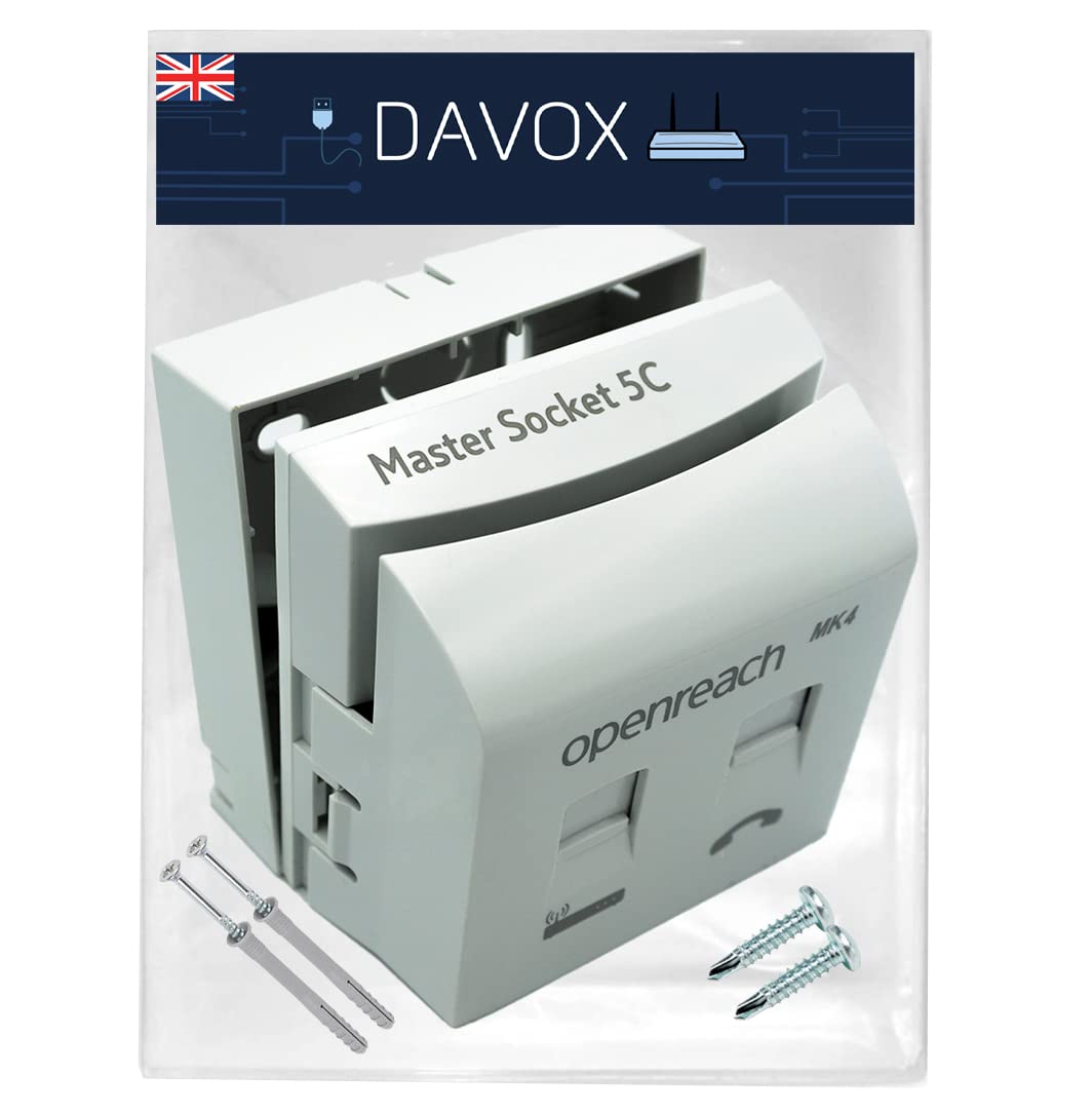 DAVOX BT Openreach NTE5C MK2 Master Telephone socket + MK4 Faceplate + Back Box - Combination Socket for Fibre Broadband + Filtered Telephone Main Line BT431a for Phone RJ11/RJ45 Data