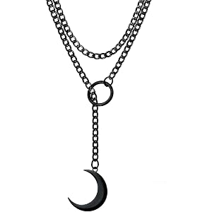 Gothic Slip Chain Necklace for Women Stainless Steel Black Cuban Chain Moon Bat Raven Skull Pendant Handmade Adjustable Long