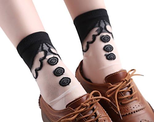 Loverey1Pair Ultrathin Transparent Crystal Silk Elastic Crew Socks-Black Polka Dot