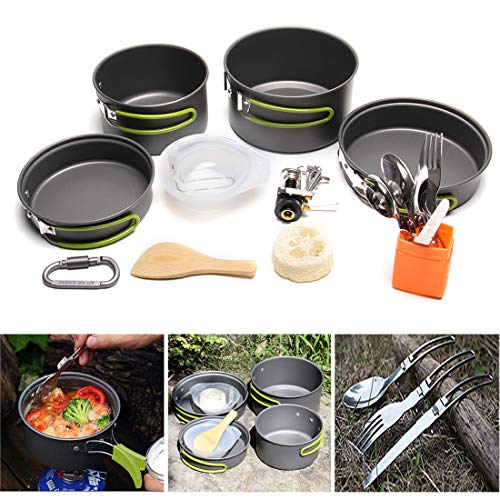 JACKBAGGIO New Outdoor Camping Pan Hiking Cookware Backpacking Camping Cookware Mess Kit Cooking Picnic Bowl Pot Pan Sets w/Tableware Mountaineering Buckle for 2-3 People