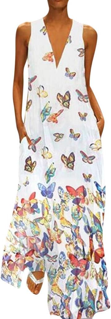 Women Dress Casual Butterfly Print Dress Sleeveless Loose Party Long Dress Summer Fashion Beach Elegant Maxi Dress