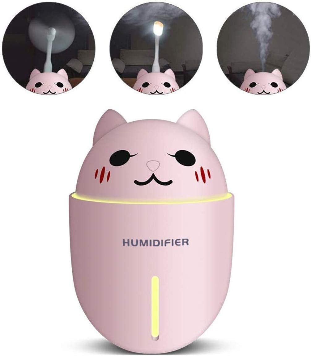 Mini USB Humidifier, Small Humidifier, Mist Humidifier, Air Purifier Aroma Diffuser Air Freshener with Filter, Fan and Night Light Function Whisper Quiet Operation Automatic Shut-Off (Pink)