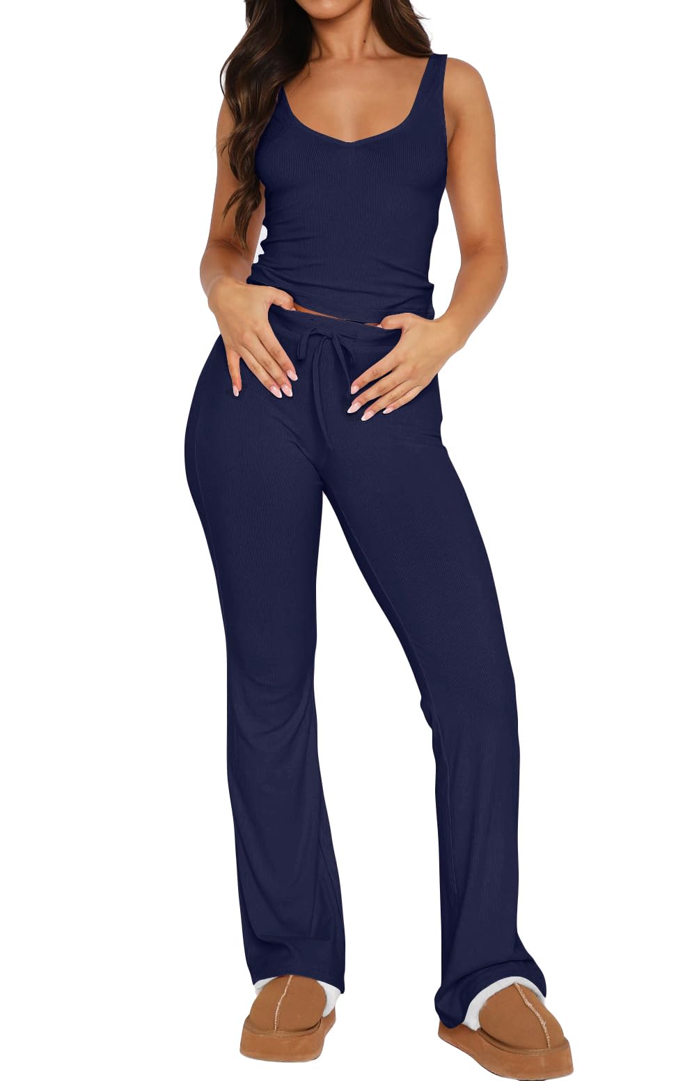Photo 1 of Ezbelle V Neck Lounge Sets Womens Summer Outfits Two Piece Sexy Matching Pajama Ribbed Knit Crop Shirts Sleeveless Trendy Pjs Activewear Long Pant Navyblue XL