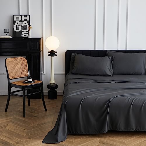 Simple&Opulence 100% Viscose from Bamboo Sheet Set 4Pcs, Cooling for Hot Sleepers, Soft Breathable Bed Sheets Set, 15" (38cm) Deep Pockets, Luxury Hotel Silky Bedding Sheets (Dark Grey,Queen)