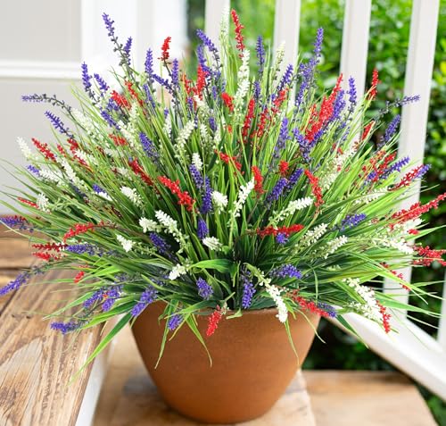 Artificial Fake Outdoor Plants Flowers for Spring Decoration,10 Bundles Faux Realistic Tall Monkey Grass Lavender Greenery UV Resistant for Home Outside Planter Window Patio Garden (Mixed Colors)
