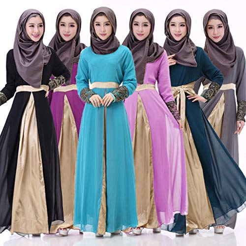 Muslim Evening Dress for Women Maxi Party Dresses Islamic Clothing Chiffon Color Block Kaftan Caftan Abaya Robe Gown Purple