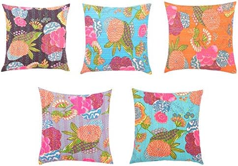 Tanya Handicrafts Cotton Kantha Cushion Cover Handmade Indian Cushion Sham Multi Color Cushion Cover 18x18 inches 5 Pieces Set