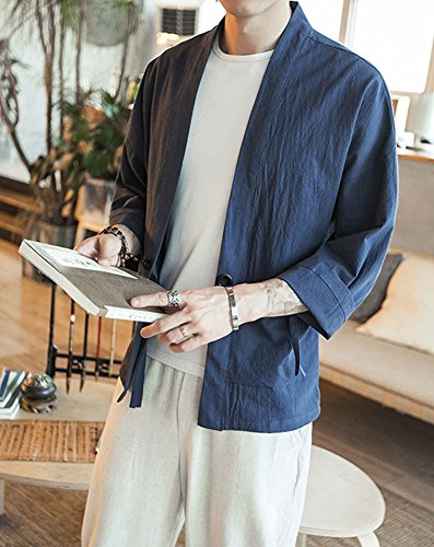 Plaid&Plain Men's Vintage Kimono Cardigan Casual Linen Pocket Cardigan Coat Navy L - Thumbnail 2