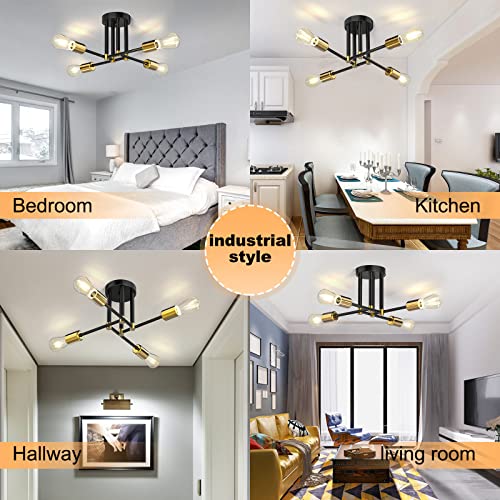 Kuwork Semi Flush Mount Ceiling Light Fixture, Black & Gold Industrial 4 Lights Sputnik Chandelier with E26 Base, Mid Century Lamps for Kitchen Bedroom Living Room Dining Room Hallway Entryway