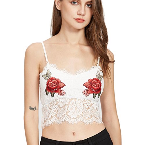 Ec Women Fashion Lace Sexy Bare Midriff Appliques Rose Sleevele Strap Tank Camis (L, White)