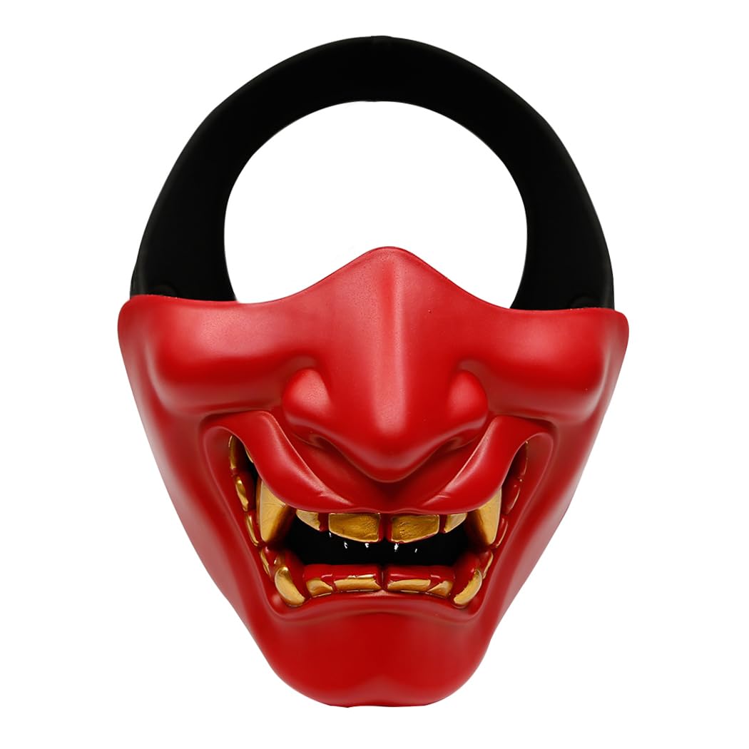 Airsoft Half Face Masks, Evil Demon Monster Kabuki Samurai Hannya Oni Half Face Protective Masks for Masquerade Ball, Party, Halloween, Cs War Game, BB Gun(Red)