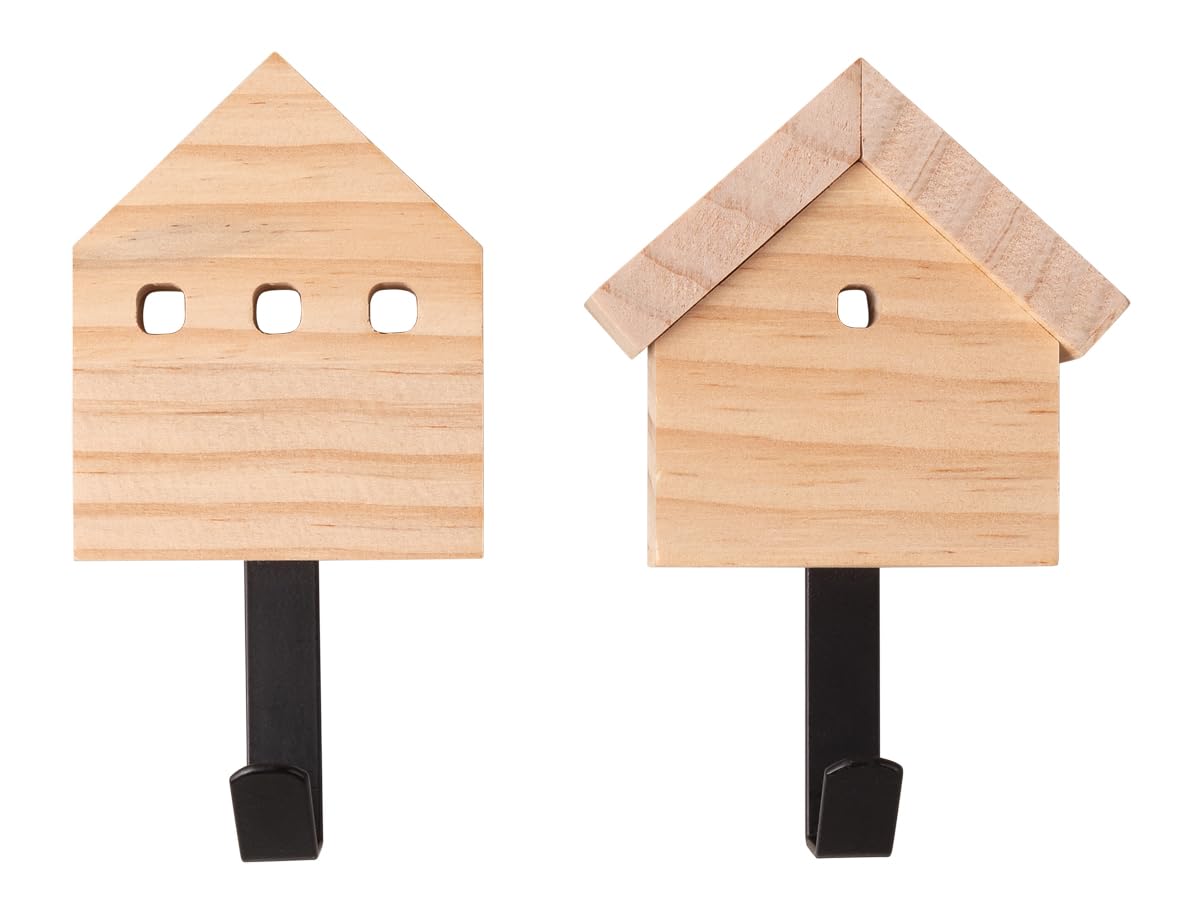 Rayher Set of Two Wooden House Shape Wall Hooks, Coat Hooks with House Design, Natural Wood, 12.8cm, 64532000