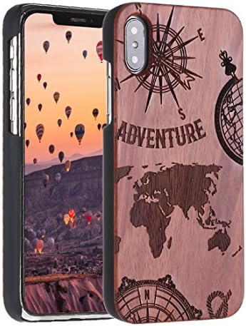 Wood iPhone X Case, Real Natural Wood Carving Wooden Pattern Protection for Apple iPhone X Case (Rose Wood - Adventure Compass)