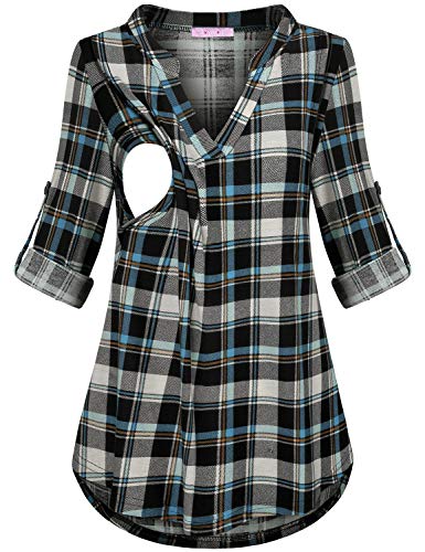 JOYMOM Nursing Tops for Breastfeeding,Maternity Cute Flattering V Neck 3/4 Sleeve Blouses Feminine Slimming Trapeze Shirttail Knitted T-Shirt Baby Shower Casual Wear Blue Black Plaid L - Thumbnail 7