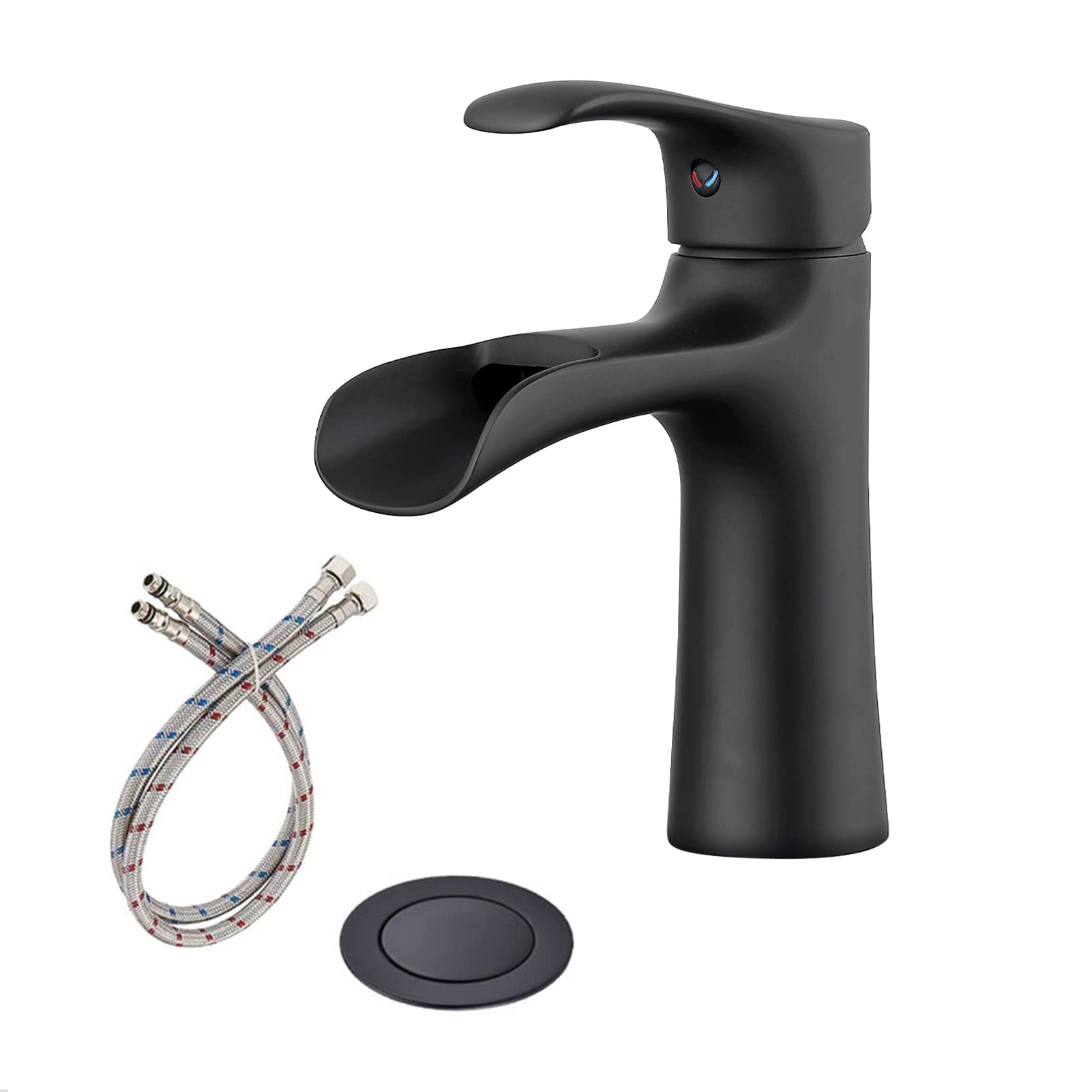 Photo 1 of NEWATER Waterfall Bathroom Faucet Single-Handle Black Bathroom Sink Faucet Matte Black Single Hole Faucet for Bathroom Sink?RV Vessel Vanity Faucet?Pop-Up Drain