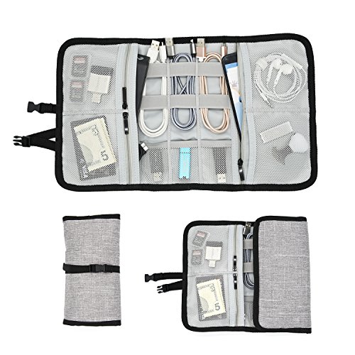 Patu Roll Up Folding Travel Organizer Case for Cables, Memory Cards, Flash Disks, Earphones, Portable Hard Drives, Power Banks or Adapters, or Other Small Electronics and Accessories, Gray - Thumbnail 2