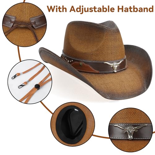 WQWOVRVO Cowboy Hat,Cowgirl Hat,Western Cowboy Hats for Women/Mens/Straw Wide with Shapeable Brim Cowboy Hat for Womens