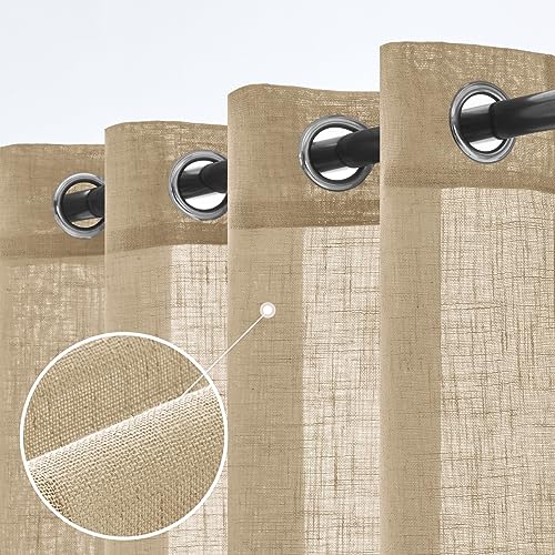 Woaboy Linen Curtains Translucent Net Curtains with Eyelets Modern Decorative for Living Room, Window, Bedroom, 2 Pieces, 140 x 260 cm, Beige