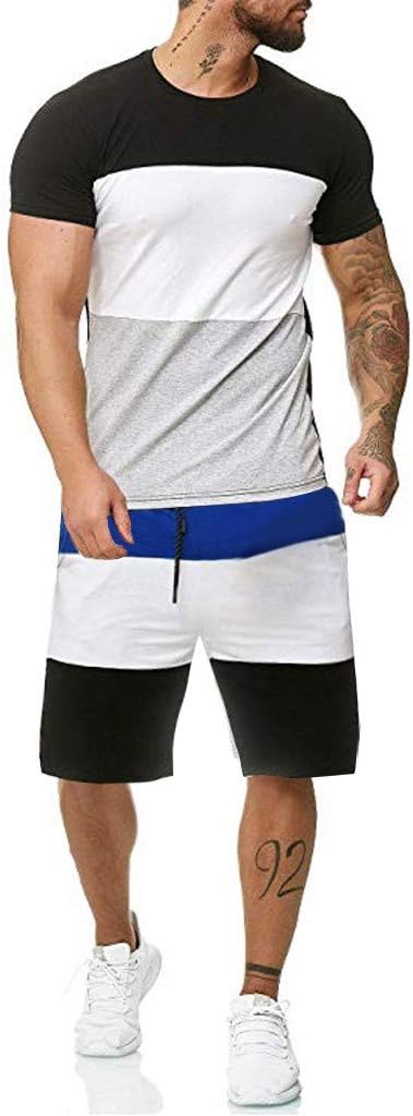 Lazzboy Men 2pcs T-Shirt + Shorts Outfit Sport Set Colour Block Fitness Workout Short Sleeve Summer Lightweight Sets