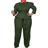 MRSFITOK Plus Size 2 Piece Wide Leg Pants Set for Women Casual Long Sleeve Shirt Long Pant Sets Sexy With Belt