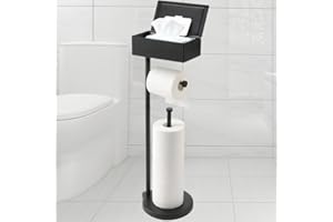 theaoo Toilet Paper Holder Stand with Shelf, Flushable Wipes Dispenser, Free Standing Toilet Tissue Roll Storage Rack Organizer for Bathroom, SUS304 Stainless Steel (Black)