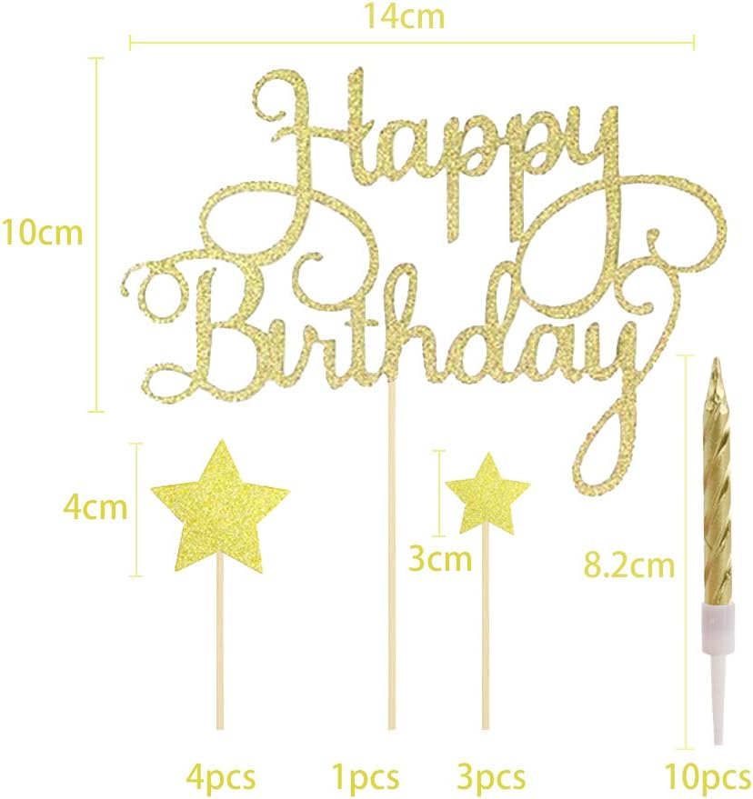 Lifreer Happy Birthday Cake Topper Gold Birthday Cake Decorations Cake Toppers Stars Cake Toppers with Gold Candles for birthday decoration - Image 3