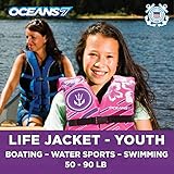 New & Improved Oceans7 US Coast Guard Approved, Youth Life Jacket, Flex-Form Chest, Open-Sided Design, Type III Vest, PFD, Personal Flotation Device, Pink/Berry