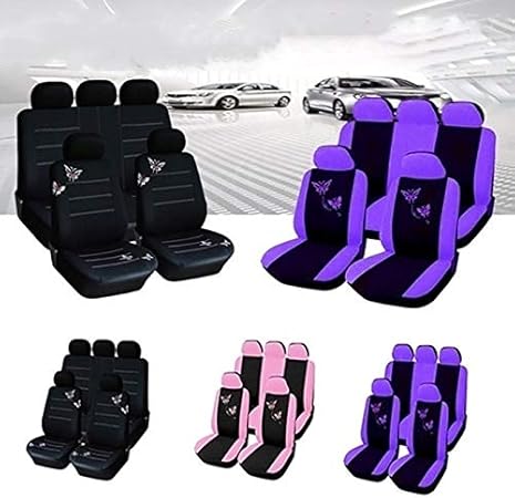 Amazon Sunshinelife カーシートカバー ユニバーサルスタイリング シートカバー エプロンタイプ バケットシート 蝶の刺繍 9枚セット ヘッドレストカバー フロントシートカバー 後席クッションカバー バックシートクッションカバー フックパック カー用品 汎用 軽自動車