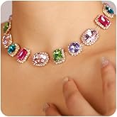 Xerling Bridal Wedding Multi-colored Gemstone Crystal Choker Necklace Heavy Chunky Color Necklace Geometric Gem Stone Rhinestone Statement Necklace