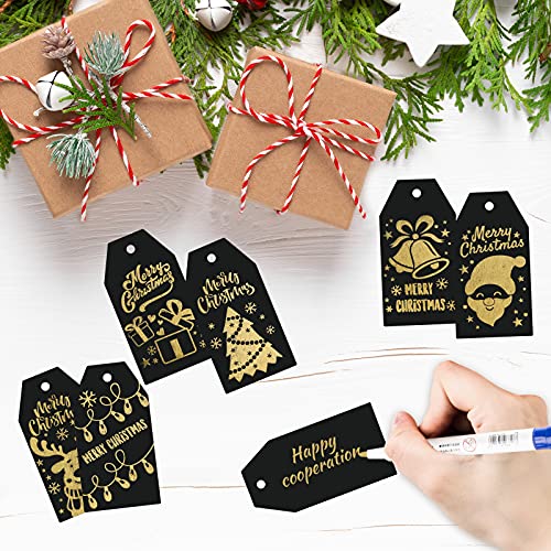 SallyFashion Christmas Gold Foil Gift Tags, 120PCS Christmas Gold Foil Hot Stamping Gift Tags with Twine Strings Hang Labels for Christmas Birthdays Holidays Weddings