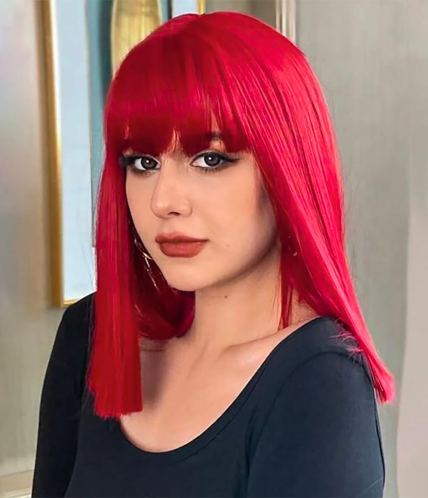 PORSMEER Short Straight Bob Red Wigs with Fringe Shoulder Length Hair Colorful Wig for Women Girls Heat Resistant Synthetic Wig for Cosplay Halloween Party14 Inch 35cm