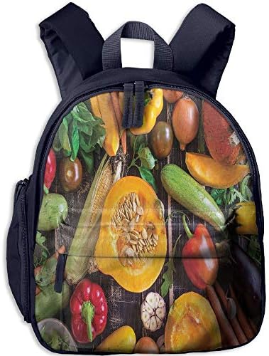 Haixia Teen's Boys'&Girls' Bookbag with Pocket Harvest Fresh Vegetables Scattered On an Old Rustic Dark Textured Table Healthy Eating Decorative