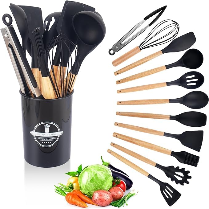DMJJSD Kitchen Utensils Set 12PCS, Silicone Cooking Utensils Set with Wooden Handle Non-Stick Cooking Spoons Utensil Sets Silicone Kitchen Utensil Set Heat Resistant Kitchen Tools Heat Resistant Set