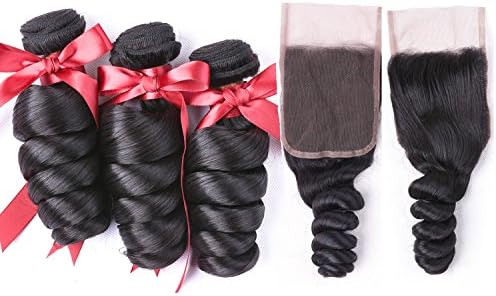 Beaudiva hair 10A Brazilian Loose Wave Human Hair with Closure(10 12 14+10 Free Part Closure)Brazilian Loose Wave Virgin Hair Weave with 4x4 Lace Closure with Baby Hair Natural Black