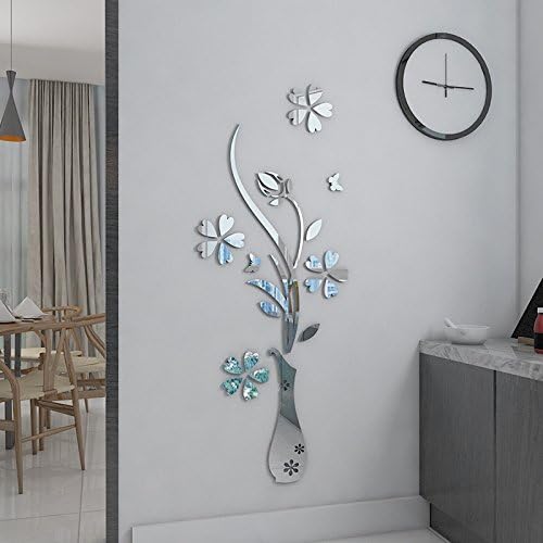 HEYING Mirror Flower Vase 3D Crystal Acrylic DIY Wall Stickers& Murals For Entranceway , Living Bedroom Dining Room Décor Home Decoration (15.75"*39.37", Silver)