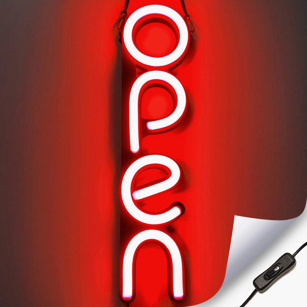 Flashing Vertical LED Neon Open Sign Light for Business with ON & Off Switch - Lightweight & Energy Efficient for Restaurants Offices Retail Shops Window Storefronts - Red