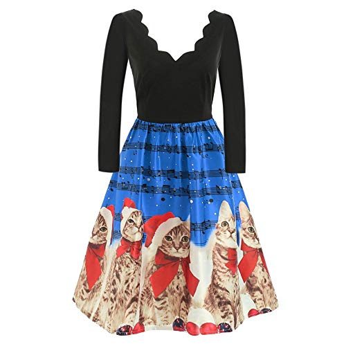 STORTO Women Long Sleeve Christmas Dress Cats Musical Notes Print Vintage Flare Swing Dress