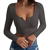 Artfish Women's Long Sleeve Scoop Neck V Notch Ribbed Slim Fitted Casual Basic Crop Top