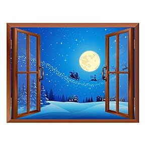 Cartoon Santa Claus and Reindeers at Full Moon Night - Peel and Stick Self-Adhesive Removable Window View Wall Sticker/Wall Mural - 24"x32"