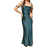 Satin Floral Off The Shoulder Midi Dresses for Women Silk Spaghetti Strap Cowl Neck Backless Bridesmaid Wedding Guest Dress