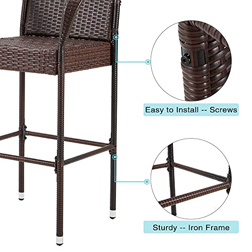 COOLNIC 2 Pieces Wicker Outdoor Bar Stools Patio Chairs with Armrest UV