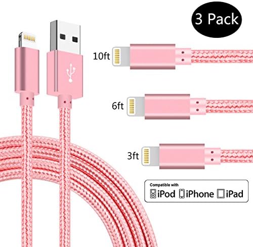 SPEATE,iPhone Chargers 3PCS 3FT 6FT 10FT Nylon Braided Lightning USB Cable Cord Charger Compatible with iPhone X iPhone 8 8 Plus 7 7 Plus 6 6s 6 Plus, iPhone 5 5s,iPad, iPod (Rose Gold)