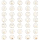 PH PandaHall 36 Pieces Alphabet A-Z Beads, 0~9 Numbers Freshwater Shell Beads Flat Round Lettered Beads, White Freshwater Shell with Gold Letters for Necklace Bracelet Earrings Jewelry Making
