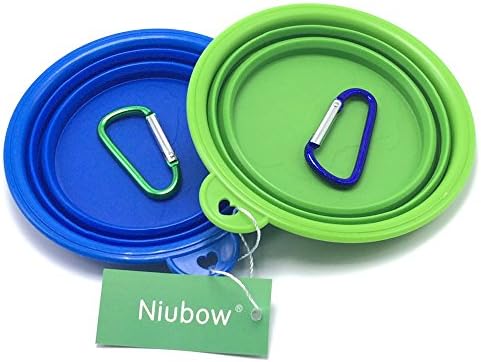 Niubow Pet Travel Bowl, Silicone Pet Portable Collapsible Food & Water Bowl for Dogs Cats with Free Bonus Carabiner Clip - Size: 1.5 Cups/12 Oz (Green+blue)