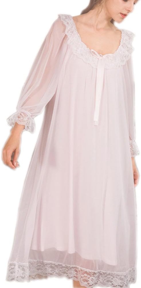 Women's Victorian Nightgown Long Sheer Vintage Nightdress Lace Lounge Sleepwear Mesh Cotton Pajamas