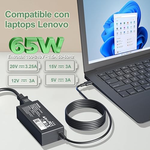RORALMA 65W/45W USB C/Type C Cargador para Lenovo Chromebook ThinkPad X1 CarbonT480 T490 T480S T580 T14 E14 E15 E16 E490 E480 E580 300E 500E L13 Yoga 6 7 C940 C930 C740 Adaptador