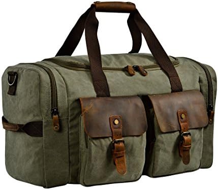 Kopack Duffle Bag Canvas Leather Overnight Bags For Men Weekend Travel Duffel Weekender Bags 22" Oversized Amry Green