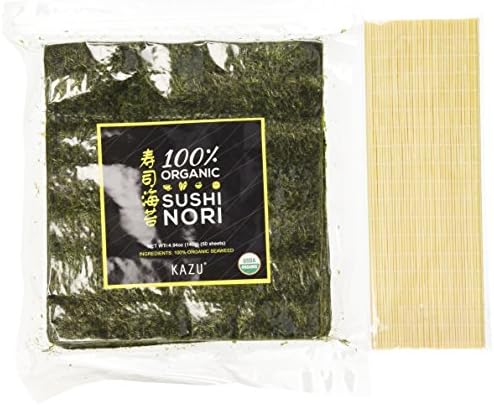 100% Organic Premium Sushi Nori Seaweed, 50 sheets (4.9 oz) with FREE 9x9 bamboo mat
