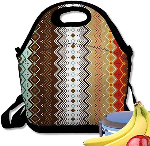 Zofmkgdji Neoprene Lunch Bag Tote Reusable Insulated Waterproof School Picnic Printed Colorful Color Ethnic Motifs Oriental Folk Line