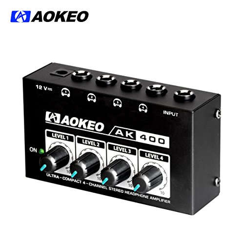 Aokeo Super Compact 4-Channel Stereo Headphone Amplifier with DC 12V Power Adapter for Sound Reinforcement, Studio, Stage, Choir, Features Ultra Low Noise, Premium Sonic Quality (AK-400)